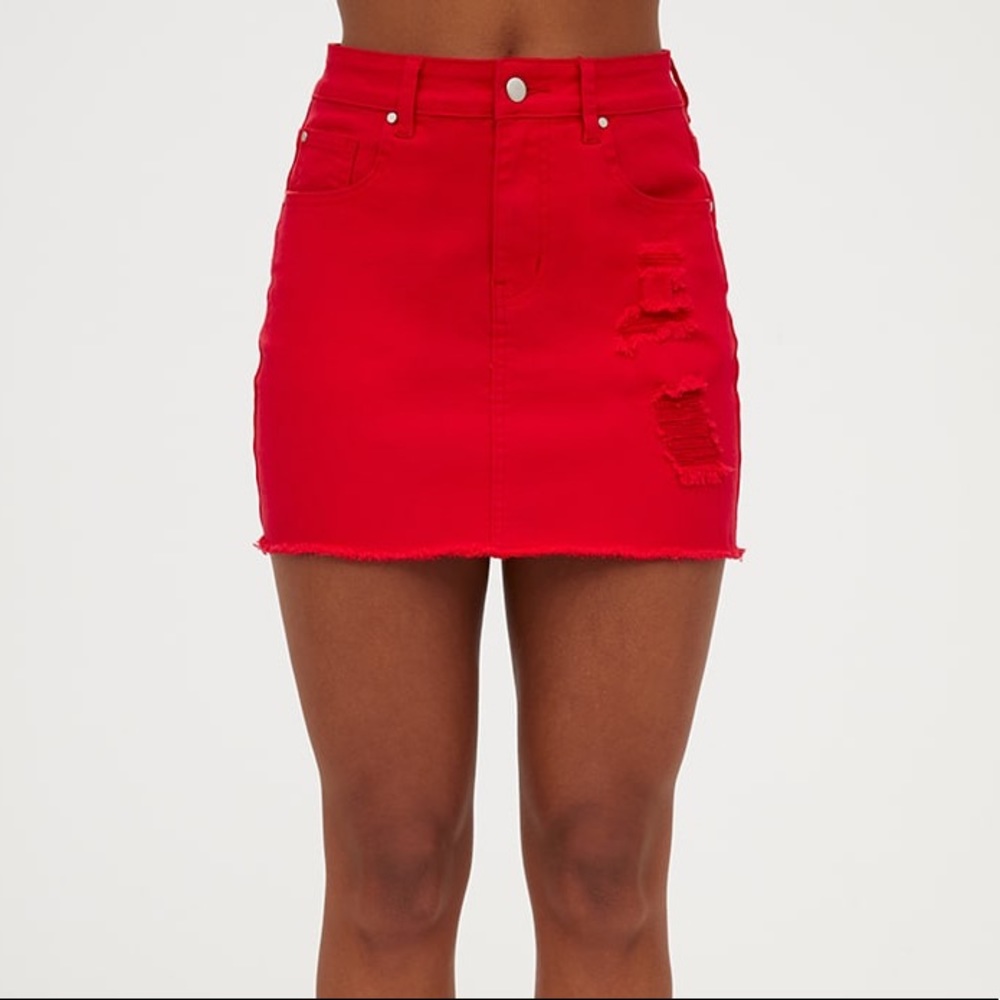 Red denim mini skirt